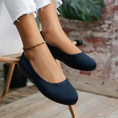 Damen Ballerinas, dunkelblau, Strickmaterial, bequem, modisch, ideal für Freizeitkleidung.