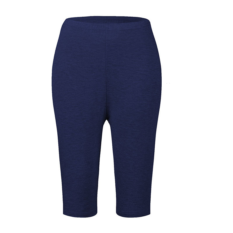 Dunkelblaue Damen-Radlerhose, knielang, elastisch, atmungsaktiv, ideal für Sport und Freizeit.