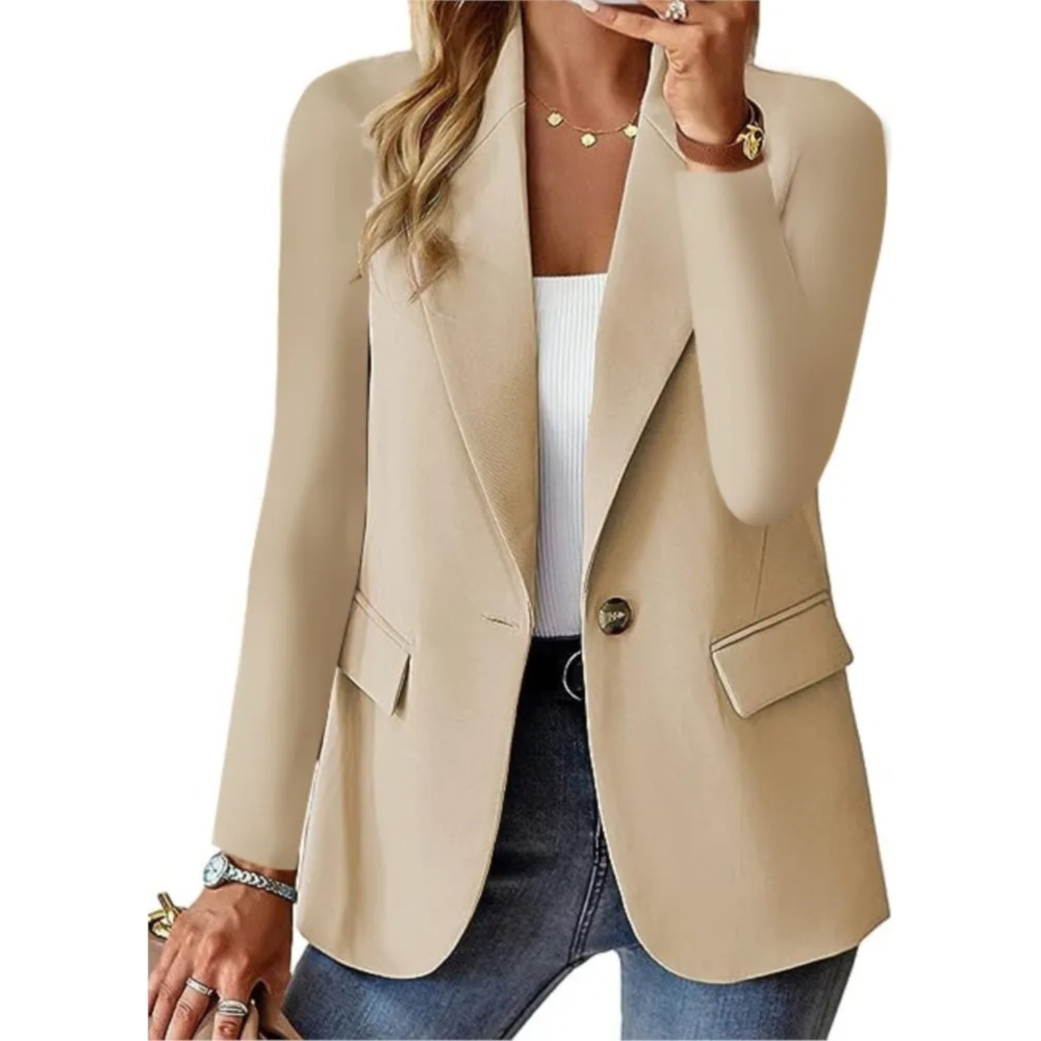 Damenblazer beige, lange Ärmel, schlank, mit Taschen, modisch, Business-Look.