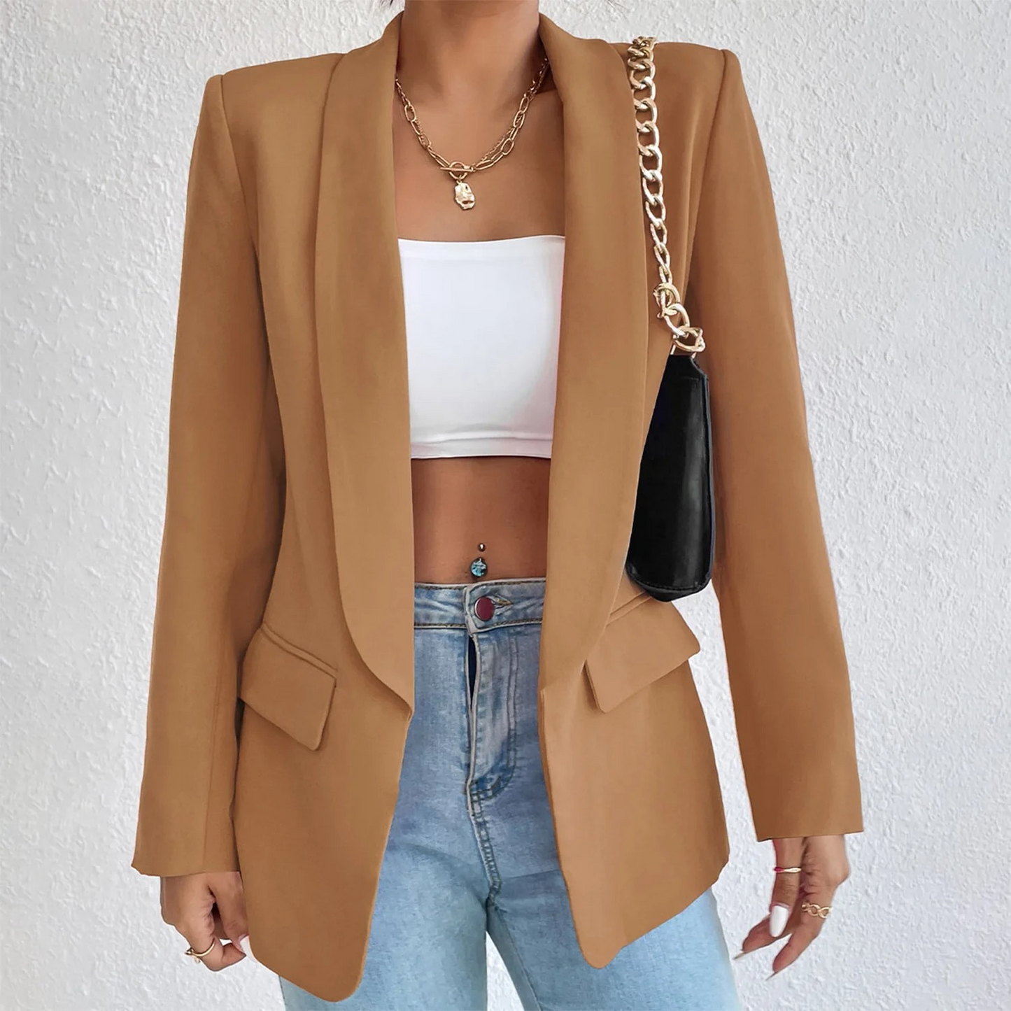 Damen Blazer, braun, Polyester-Baumwolle, langärmelig, Büro, modisch, elegant.