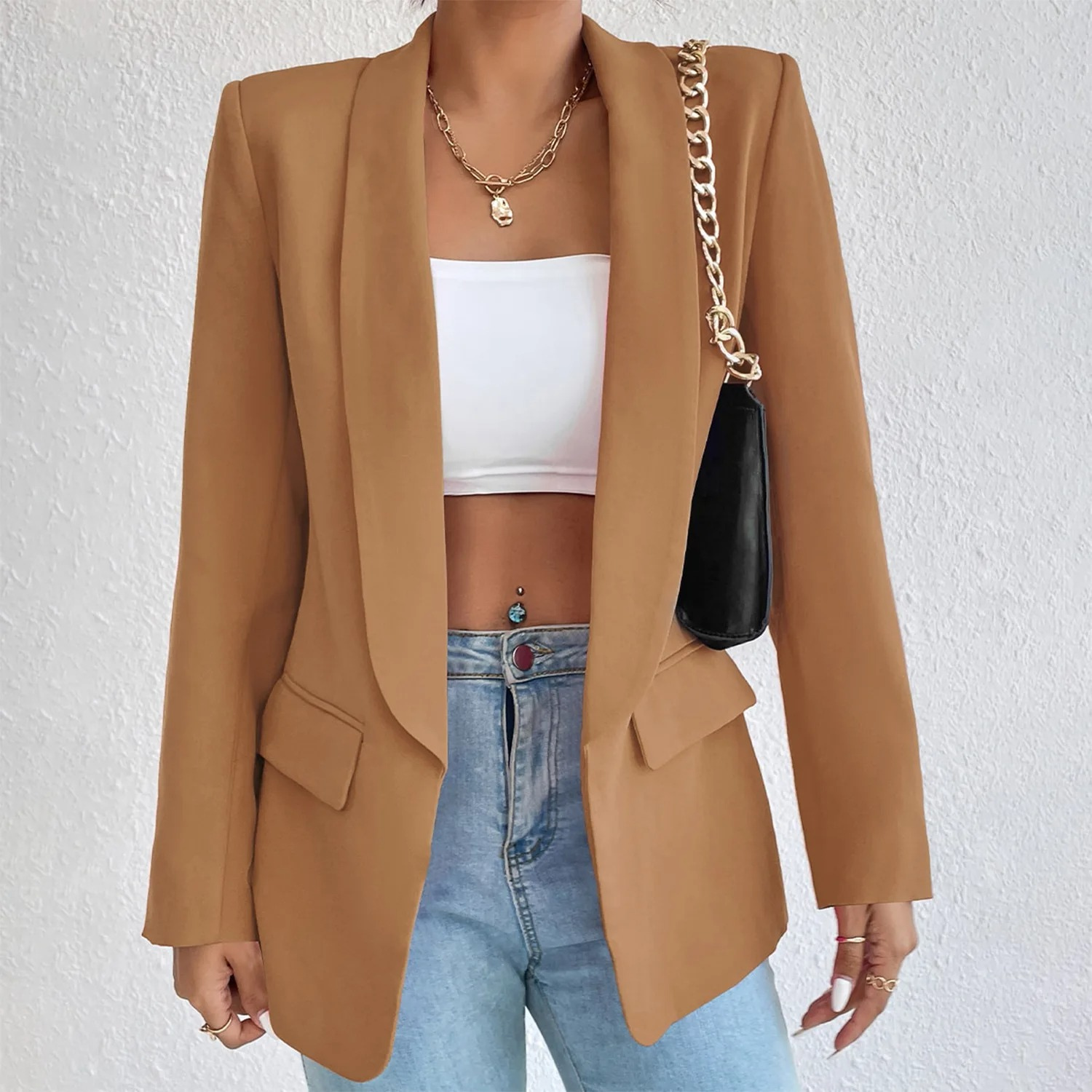 Damen Blazer, braun, Polyester-Baumwolle, langärmelig, Büro, modisch, elegant.