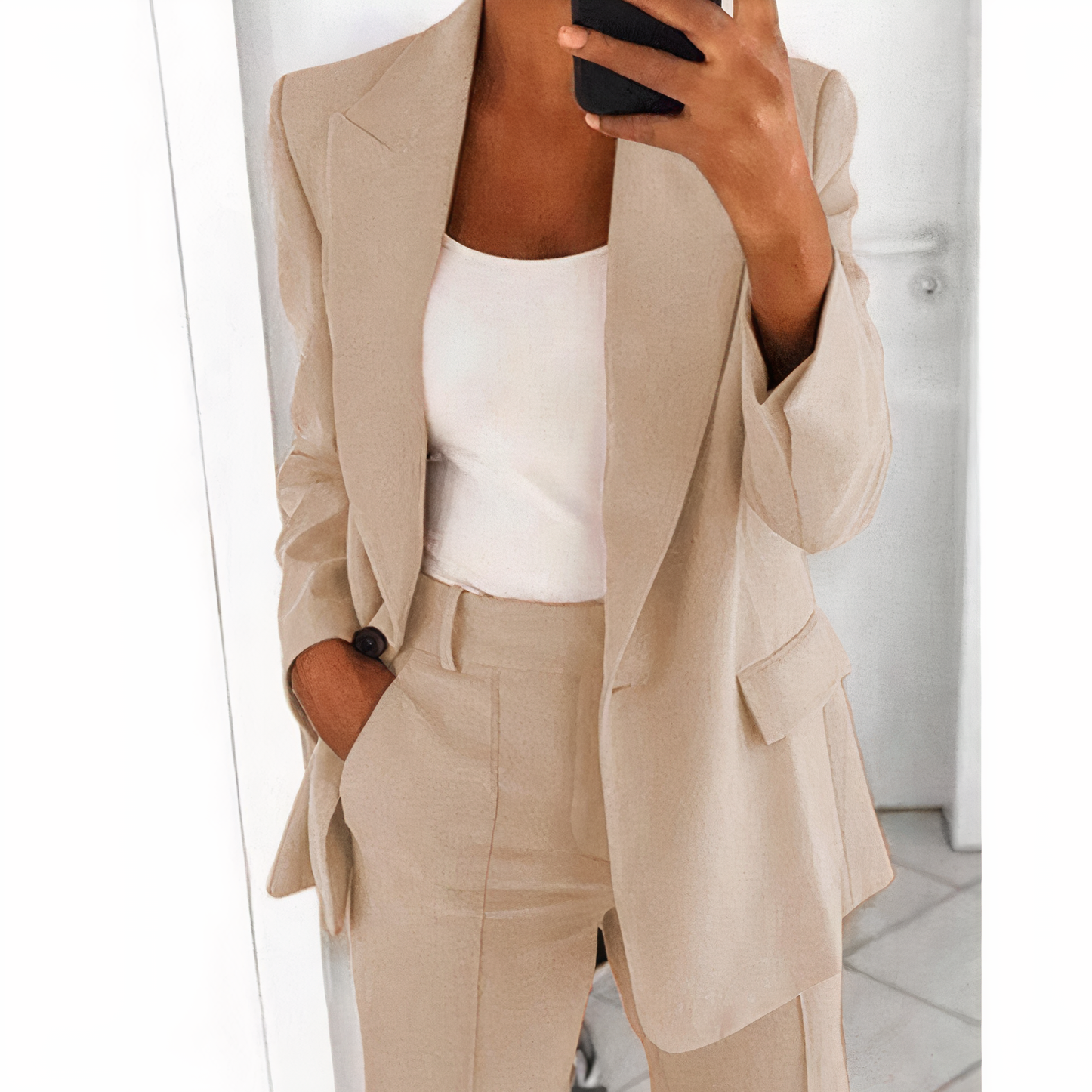 Damen Blazer Beige, Ein-Knopf, Casual, Büro, Anzug, Taschen, Elegante Damenmode.