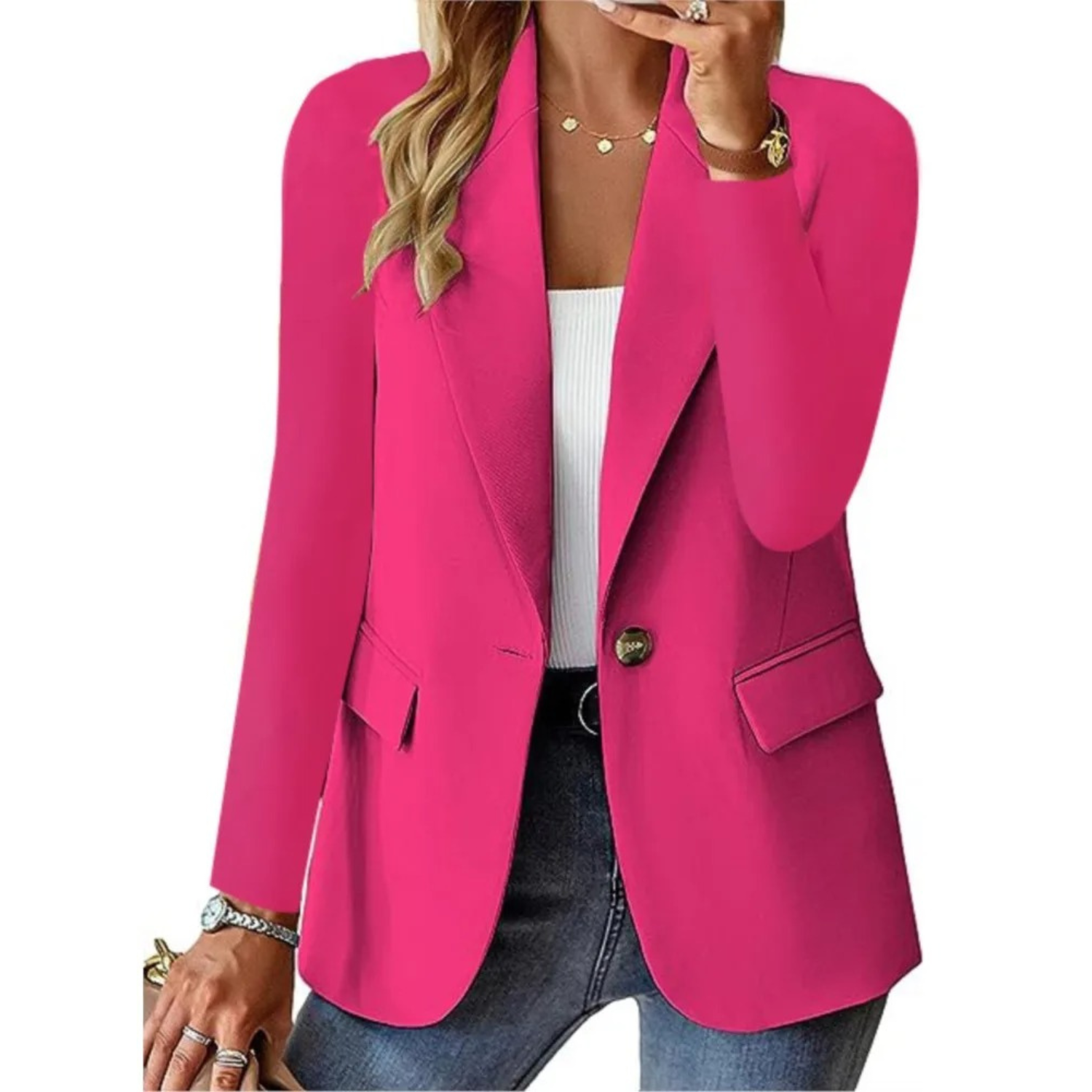 Damenblazer pink, langärmelig, schlank, mit Taschen und Knopf, modisch, elegant.