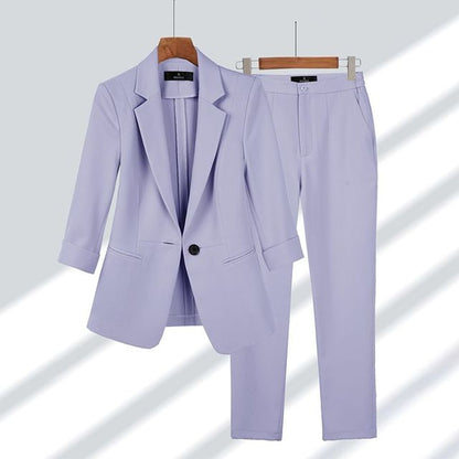 Lila Damenanzug Set, Blazer und Hose, elegant, Frühling-Sommer, koreanischer Stil.