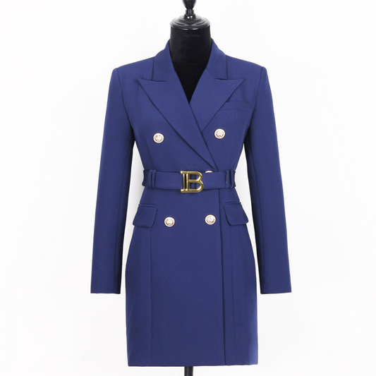 Damen Blazer-Kleid, blau, doppelreihig, Gürtel mit goldener Schnalle, elegantes Design.