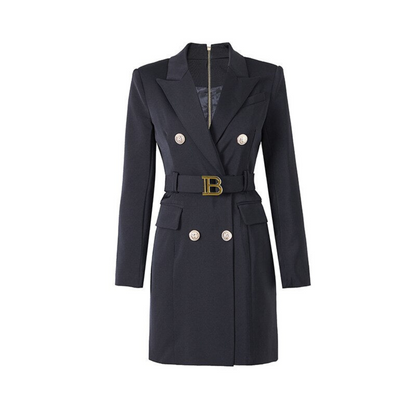 Schwarzer Damenblazer mit Gürtel, doppelreihig, elegantes Design, Businessmode.