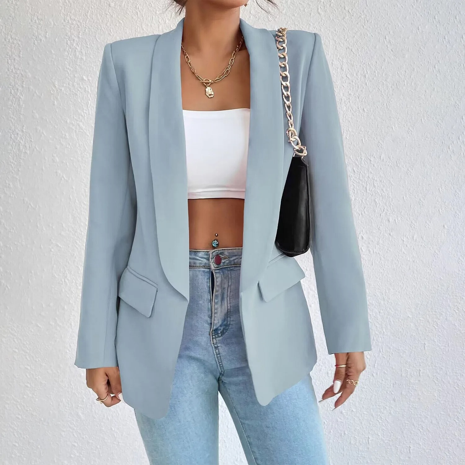Damenblazer aus Polyester-Baumwolle, hellblau, langärmelig, Büro, modisch.