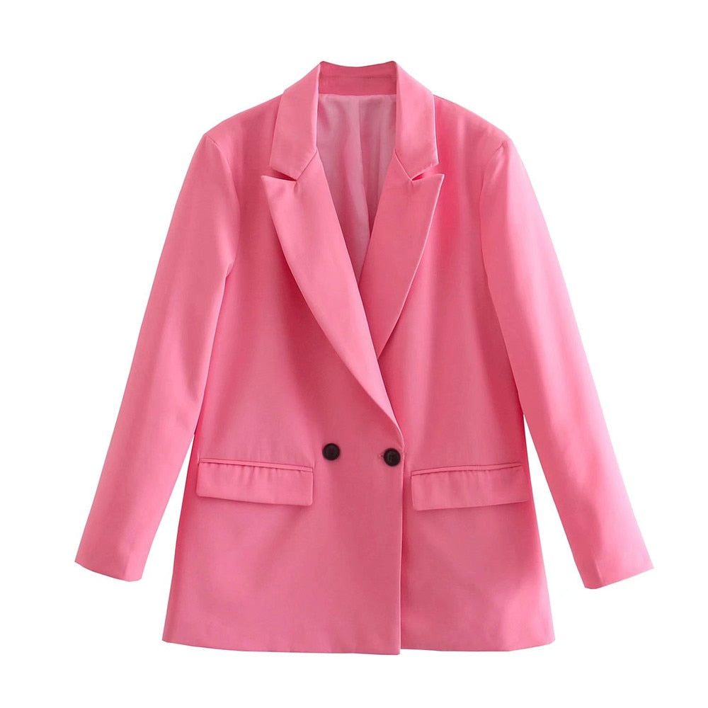Rosa Damenblazer, zweireihig, elegant, modisch, Büro-Outfit, Polyester, Frühling/Sommer.