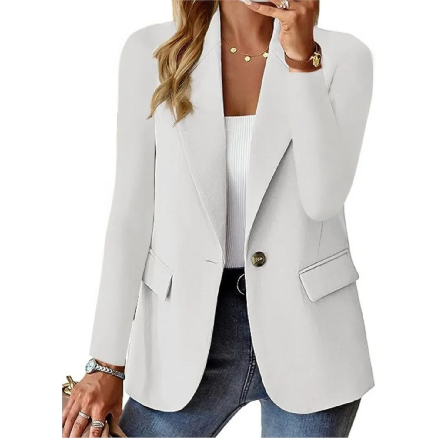 Damenblazer weiß, elegant, langärmelig, für Büro und Freizeit, modisch, klassisch.