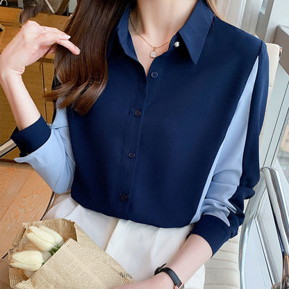Damenbluse zweifarbig, dunkelblau und hellblau, elegant, langarm, Büro-Outfit.
