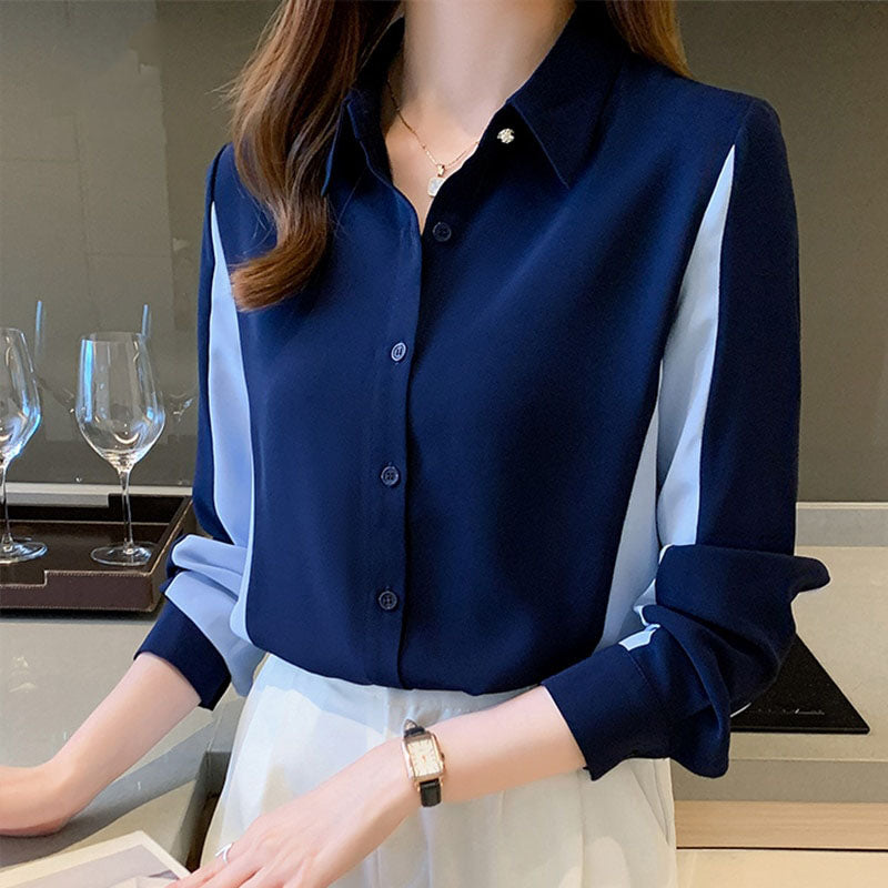 Damenbluse dunkelblau, langarm, elegantes Design, Büro-Outfit, Knopfleiste, Businessmode.