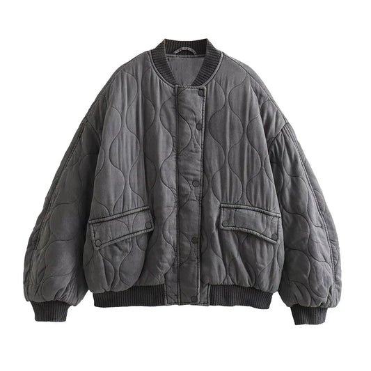 Graue Damen-Bomberjacke, langärmelig, gesteppt, lässig, 2023, modisch, Club-Party-Outfit.