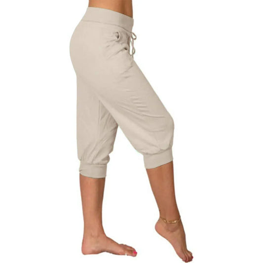 Damen Capri Yogahose Beige, Locker, Kordelzug, Taschen, Lounge, Jogger, Bequem, Freizeit.