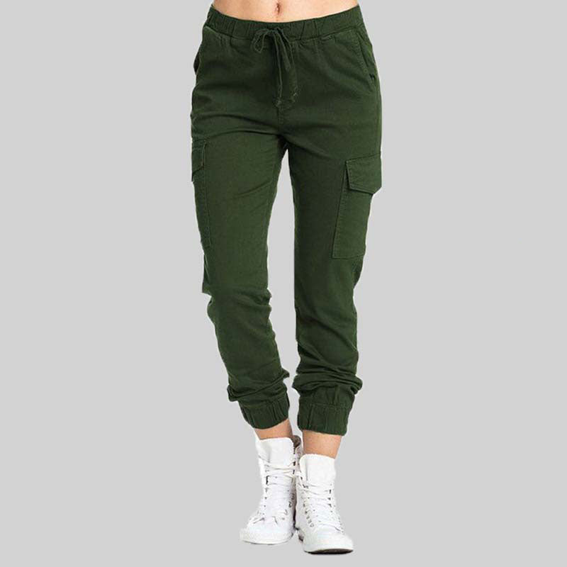 Grüne Cargo-Jogginghose Damen, Baumwolle, elastischer Bund, Seitentaschen, sportlich.