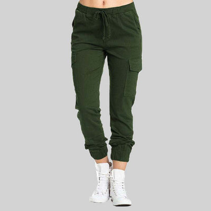 Grüne Cargo-Jogginghose Damen, Baumwolle, elastischer Bund, Seitentaschen, sportlich.
