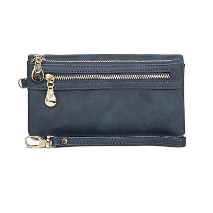 Dunkelblaue Leder-Geldbörse mit Reißverschlüssen, Damen-Portemonnaie, elegant und praktisch.