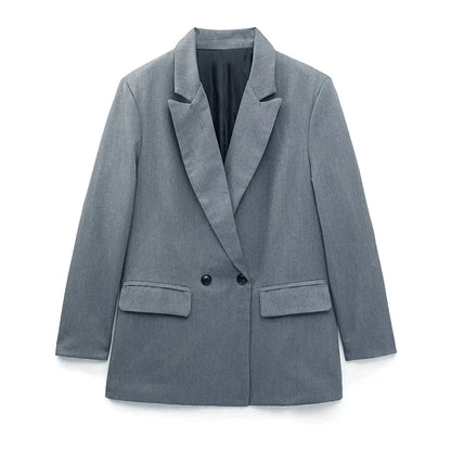 Grauer Damen-Doppelreiher-Blazer, klassisch, locker, Büro, Anzugjacke, elegant.