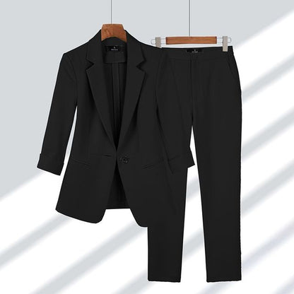 Schwarzer Damenblazer mit passender Hose, elegant, 2-teilig, Frühling-Sommer, koreanischer Stil.