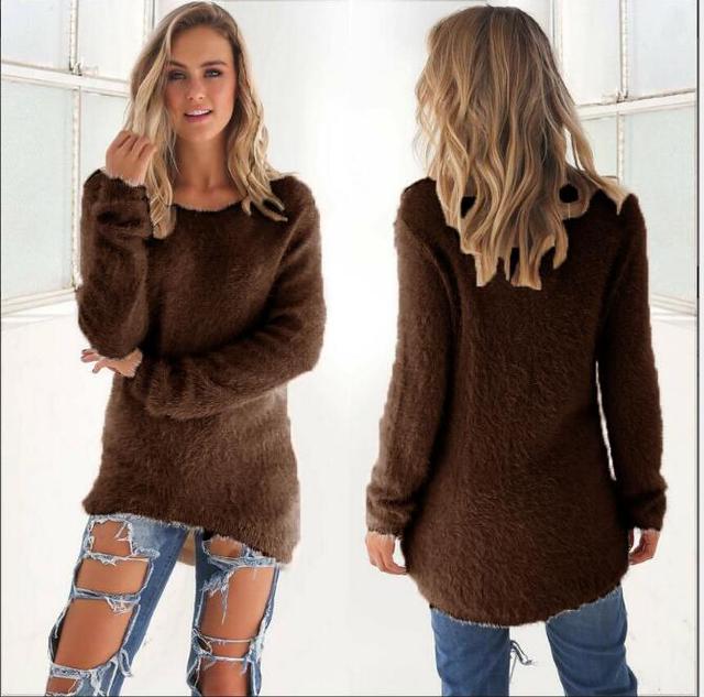 Flauschiger Damenpullover braun, langärmelig, lässig, bequem, modisch, Herbstmode.