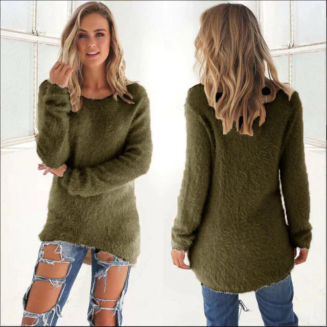 Flauschiger Damenpullover, olivgrün, langärmelig, lässig, bequem, modisch, Herbstmode.