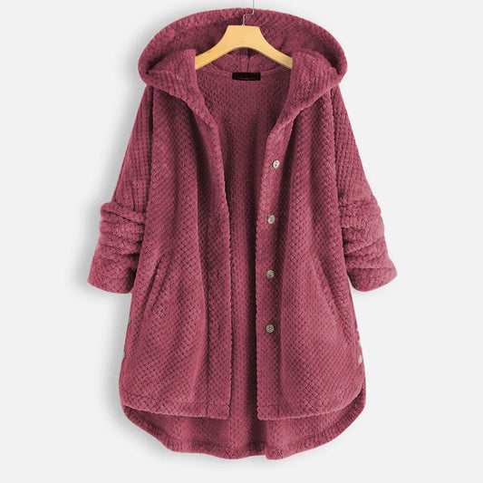 Damen Fleecejacke mit Kapuze, rosa, Knöpfe, warm, gemütlich, Wintermode, Freizeitkleidung.