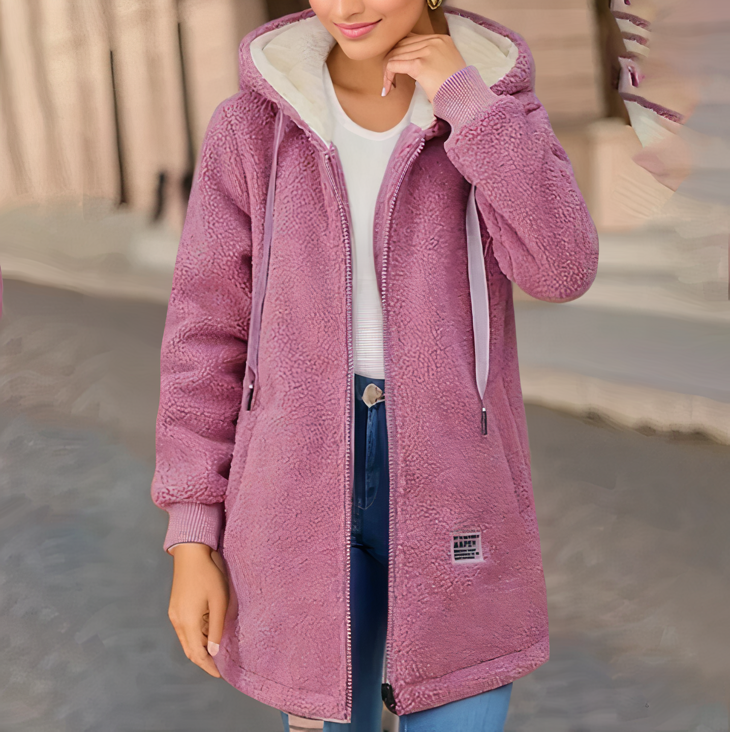 Frau in rosa Teddyfell-Mantel mit Kapuze, Reißverschluss, lässig, modisch, Herbstmode.