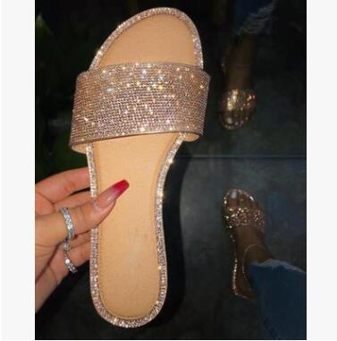 Damen Sandale, glitzernd, roségold, Strass, flach, modisch, Sommer, bequem, elegant.
