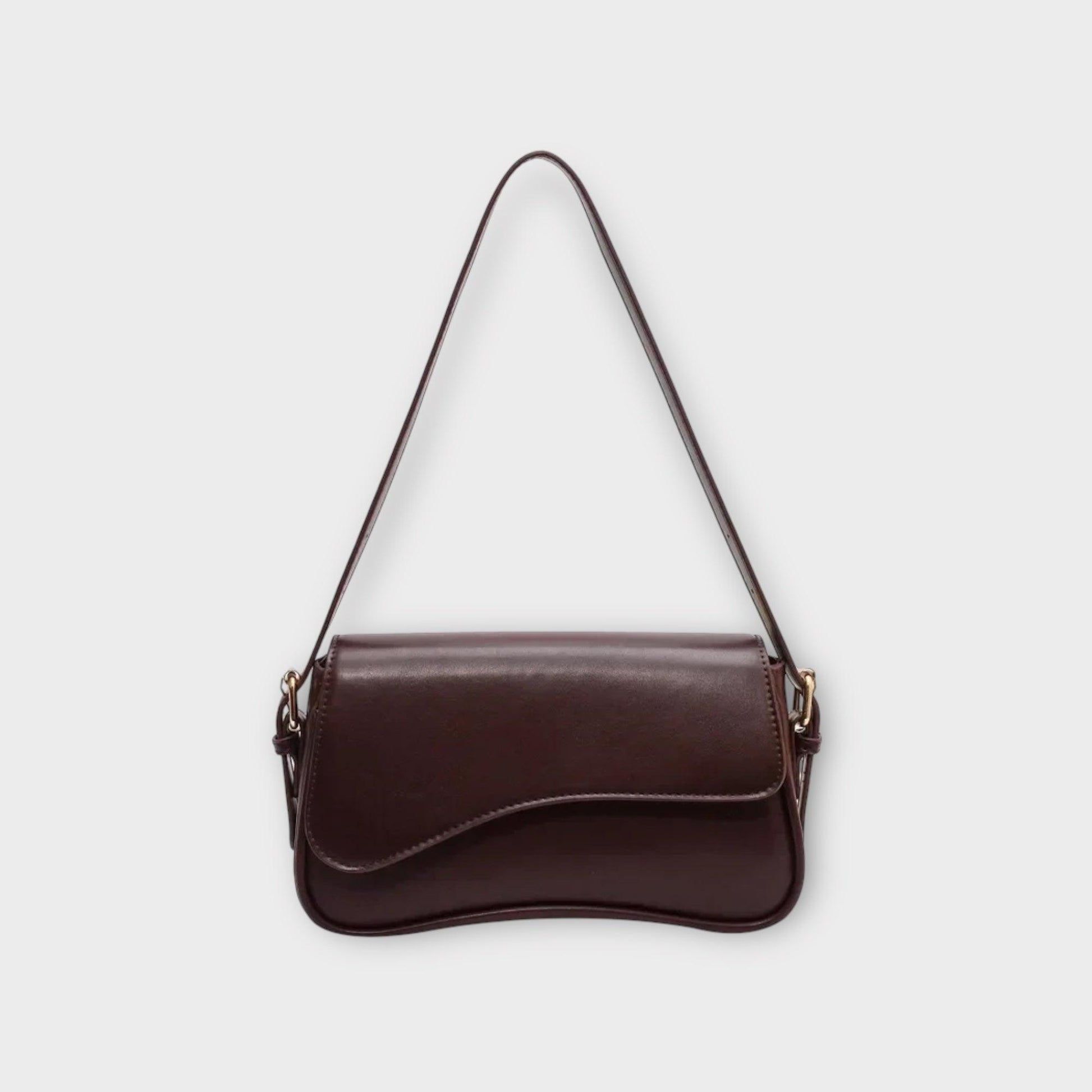 Dunkelbraune Lederhandtasche mit Schulterriemen, elegantes Design, Damenmode Accessoire.