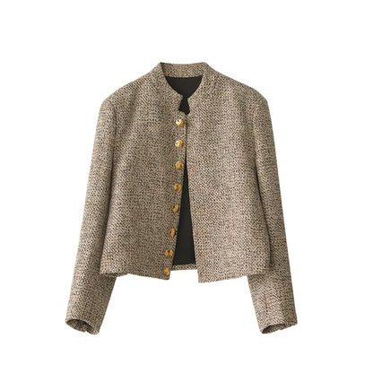 Damen Blazer beige, Leinen, Knopfleiste, elegant, Büro, modisch, Herbstmode, klassisch.