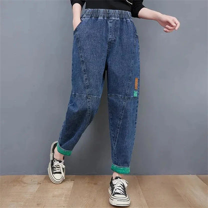 Damen-Jeanshose, blau, lässig, elastischer Bund, Taschen, Streetwear, Mode.