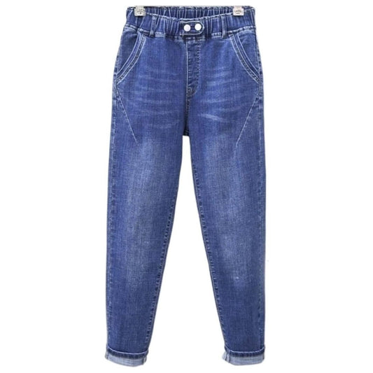 Blaue Damenjeans mit elastischem Bund, hoher Taille und Taschen, modisch und bequem.
