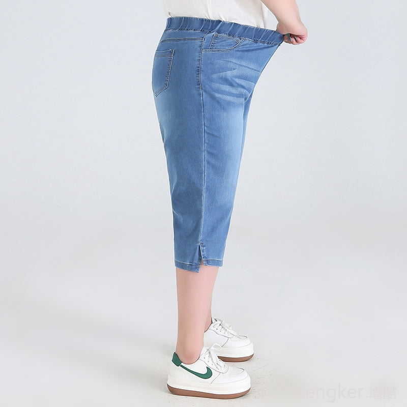 Damen Capri Jeans blau, elastisch, bequem, Sommermode, Freizeitkleidung, seitliche Taschen.