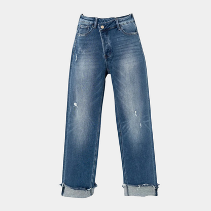 Damen-Jeans, blau, gerade geschnitten, Used-Look, umgeschlagene Säume, modisch, bequem.