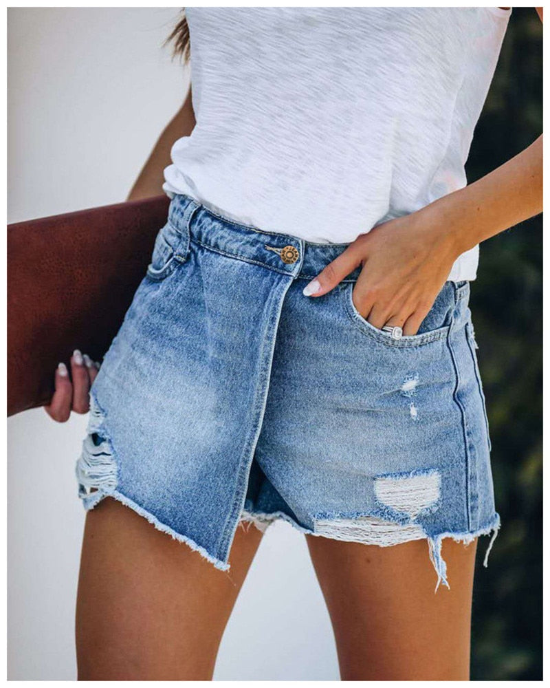 Damen Jeansshorts, blau, zerrissen, lässig, Sommermode, Baumwolle, Freizeitkleidung