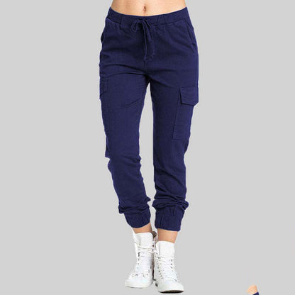 Dunkelblaue Damen-Cargohose, Baumwolle, elastischer Bund, Taschen, Freizeitmode.