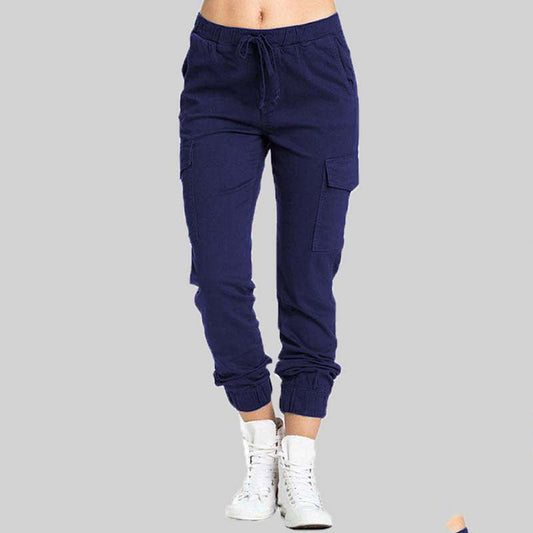 Dunkelblaue Damen-Cargohose, Baumwolle, elastischer Bund, Taschen, Freizeitmode.