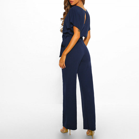 Damen Jumpsuit Blau, eleganter Einteiler, V-Ausschnitt, Gürtel, Abendmode, modisch, elegant
