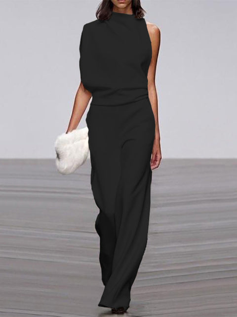Damen Jumpsuit Schwarz, ärmellos, Rundhals, weite Beine, elegantes Sommer-Outfit, Büro-Look.