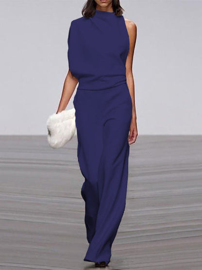 Damen Jumpsuit, ärmellos, blau, Rundhals, weite Beine, elegant, Sommermode, Büro-Look.