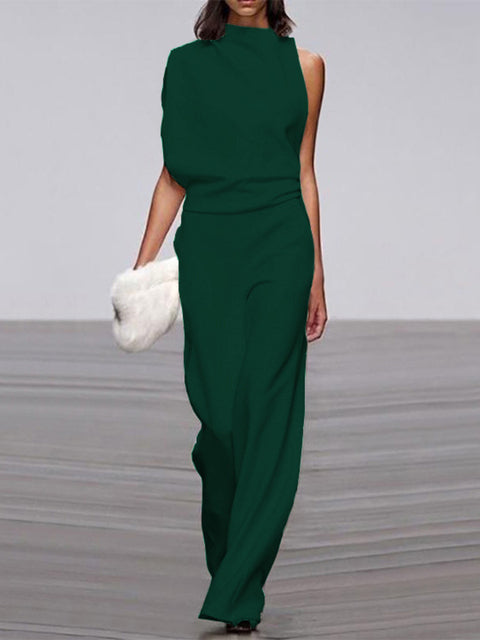 Damen Jumpsuit, ärmellos, dunkelgrün, elegantes Design, Sommermode, Büro-Look.