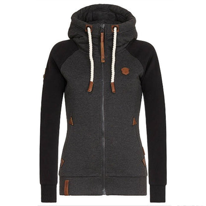 Damen Kapuzenjacke, dunkelgrau, Reißverschluss, Kordelzug, Lederdetails, modern, bequem.