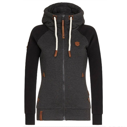 Damen Kapuzenjacke, dunkelgrau, Reißverschluss, Kordelzug, Lederdetails, modern, bequem.