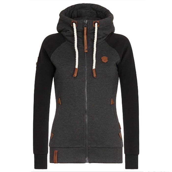 Damen Kapuzenjacke, dunkelgrau, Reißverschluss, Kordelzug, modern, bequem, Freizeitmode.