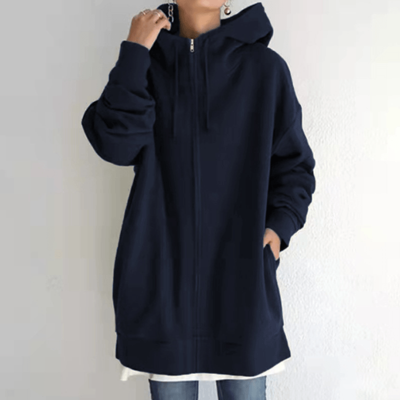 Dunkelblauer Kapuzenpullover Damen, Reißverschluss, lässig, Baumwolle, modisch, Herbstmode.