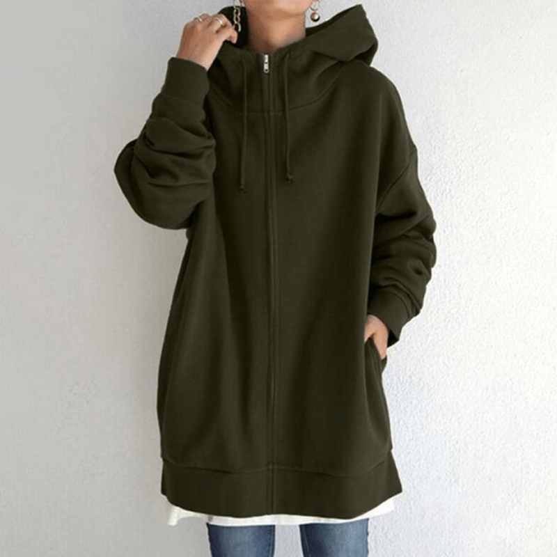 Damen Kapuzenpullover, olivgrün, Reißverschluss, lang, lässig, Baumwolle, Herbstmode.