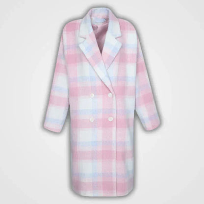 Damenmantel kariert rosa-weiß, zweireihig, Wintermode, Wollmischung, elegant, warm.