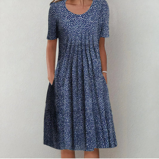 Damen Sommerkleid blau mit weißen Punkten, knielang, kurzärmelig, lässig, Baumwolle.