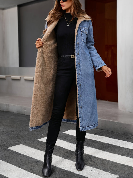Frau in langer Jeansjacke mit Fellfutter, schwarze Stiefel, modisch, urbaner Stil.