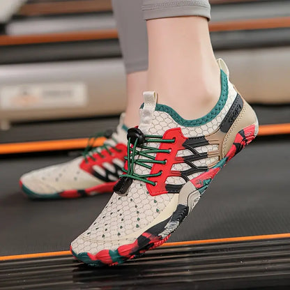Damen Barfußschuhe, beige mit roten Akzenten, atmungsaktiv, ideal für Fitness und Outdoor.