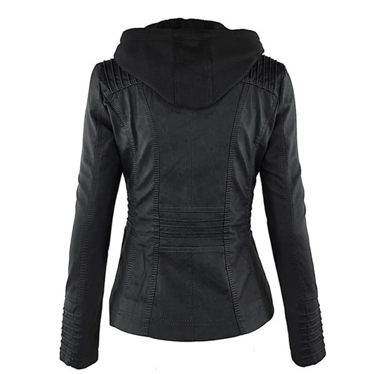 Schwarze Damen-Lederjacke mit Kapuze, modisch, elegant, hochwertig, Rückansicht.
